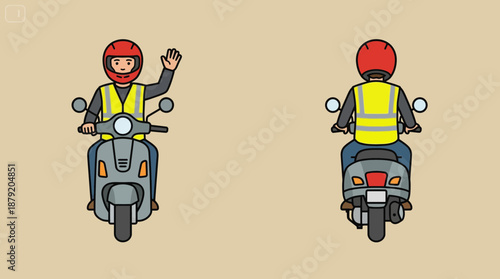 Delivery Scooter Rider Icon Waving Front and Back Views