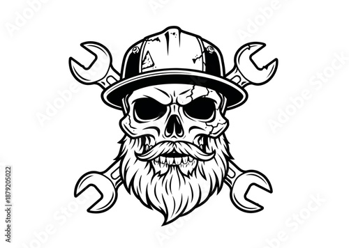 Gothic mechanic skull and wrenches illustration, industrial garage repair vector SVG, edgy biker emblem for stickers, tattoos, logos and laser cut designs