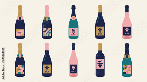 Modern Wine and Champagne Bottles Flat Design Pattern Illustration