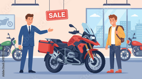 Motorcycle Salesman Presenting Adventure Bike to Customer During Sale