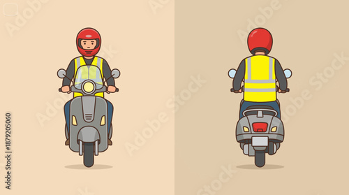 Delivery Courier on Scooter Front and Back View Illustration