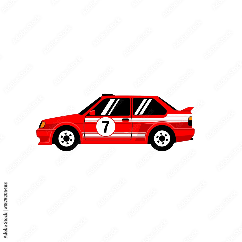 Fototapeta premium Dynamic Red Rally Racing Car Vector Illustration with Number 7 and White Stripes, Side View on Isolated White Background
