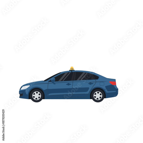 Blue Taxi Car Side View Isolated Flat Design Illustration on White Background