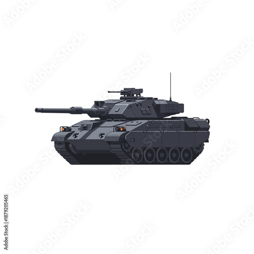 Modern Military Main Battle Tank Pixel Art Illustration on White Background, Armored Vehicle with Cannon