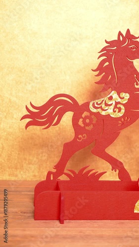 pan view Chinese New Year of Horse 2026 mascot at vertical translation of the Chinese words are fortune and springtime no logo no trademark