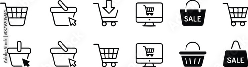 shopping basket and bag icons for online store checkout and cart