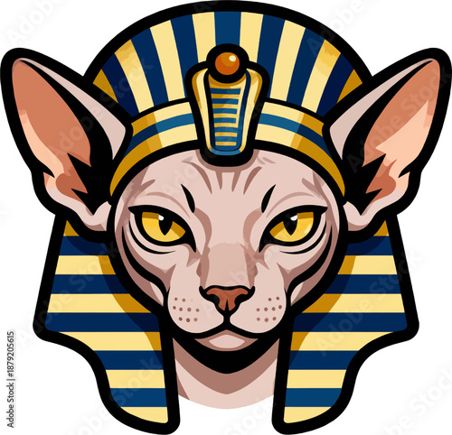 Angry Sphynx Cat in Blue Gold Striped Pharaoh Nemes Vector Icon