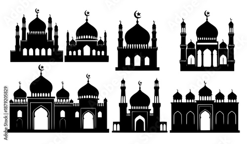 Ornate black silhouette Islamic mosque icons vector set with decorative domes and minarets