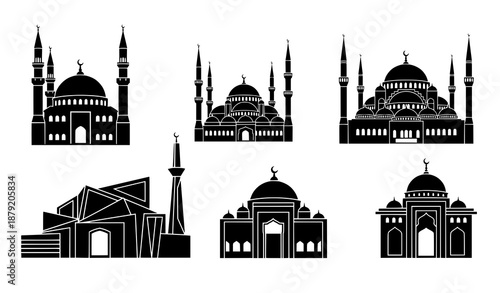 Black silhouette Islamic mosque icons vector set with domes and minarets