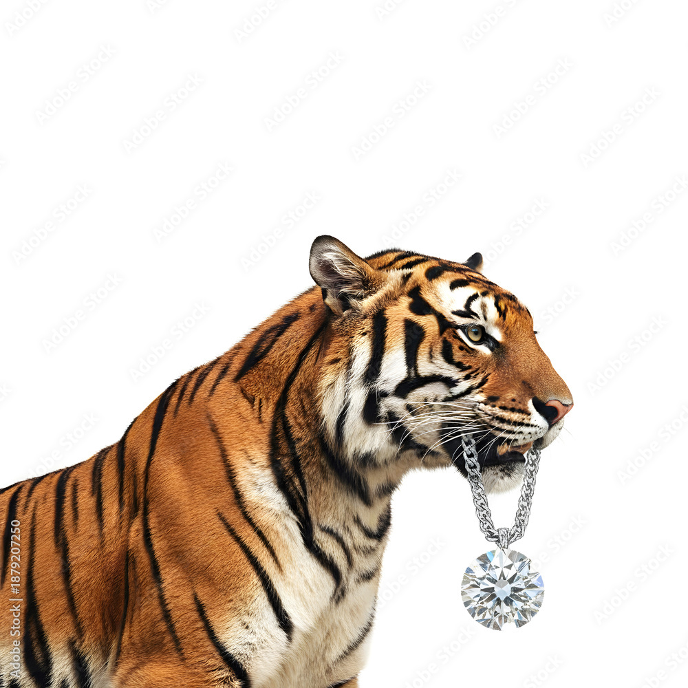 Obraz premium A proud tiger wears a round diamond on its moustache, paw lowered like it earned every sparkle strong, royal, and victorious, serving king energy with luxury confidence