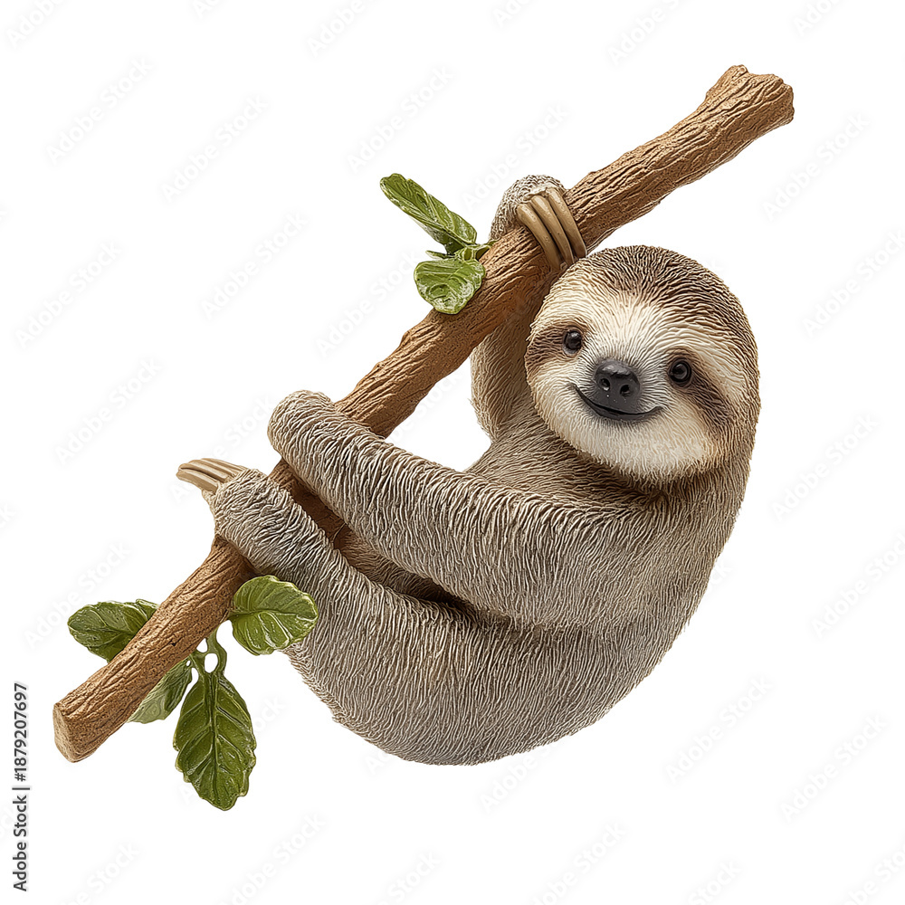 Fototapeta premium Cute sloth hanging from a branch smiling, isolated on white, png
