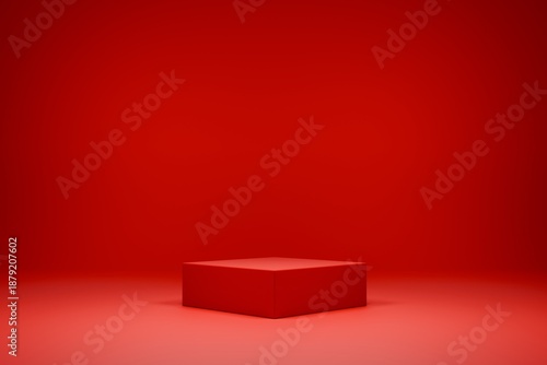 Minimalist monochromatic product mockup, red cube podium on red background with soft shadow. Sale and bold product presentation.