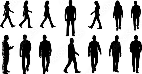 Silhouette set of walking man and women , standing man, male figure poses, black vector people illustration, isolated human character collection icons