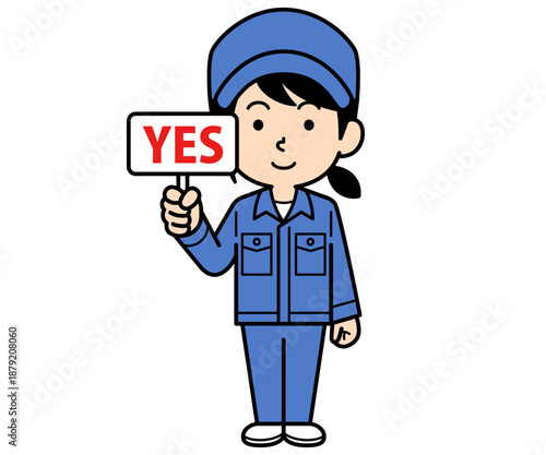 YESの札を持つシンプルな作業員の女性