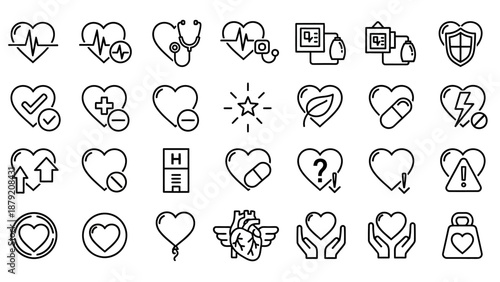 Collection of Simple Black Line Heart Icons.