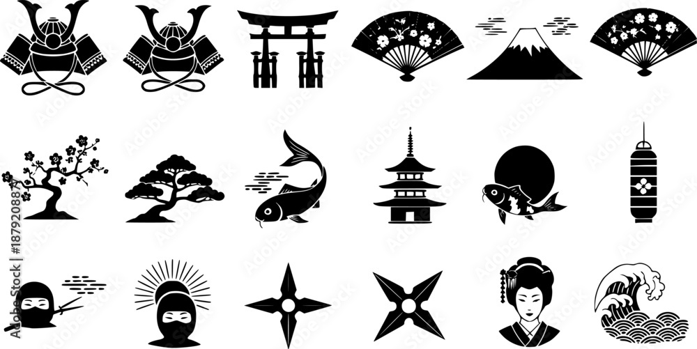 Naklejka premium Japanese Style Silhouette Icons Pack. Japan and Chinese Black Silhouette Icon Collection with Traditional Elements. Cultural and Abstract Shapes Iconography