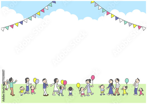 屋外イベントに家族や人々が集まるイラスト背景（横長・コピースペース付き）