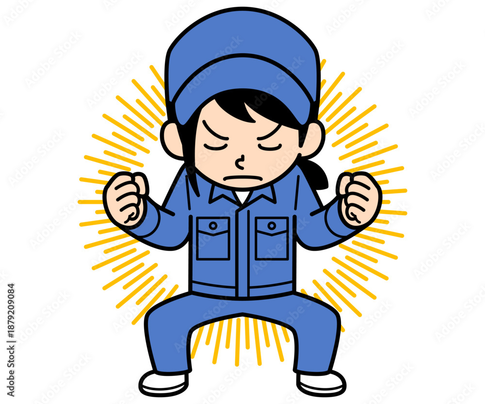 Obraz premium 力を溜めるシンプルな作業員の女性