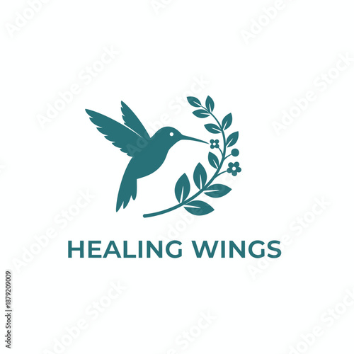 Hummingbird with floral branch icon for wellness spa or mental health therapy brand identity elegant organic logotype named Healing Wings.