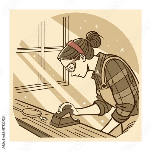 Woman woodworking with electric sander in workshop near window