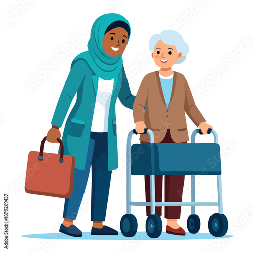 Caring young woman in hijab helping elderly woman with walker.
