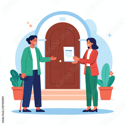 Two people exchanging a document at the doorway.