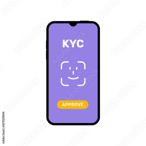 Smartphone KYC verification interface. Secure KYC technology safe user identification mobile biometric service.