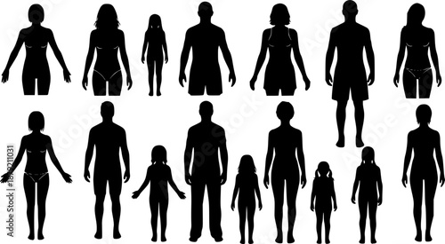 Human Body Silhouettes Set: Male and Female Figures Standing Front View - Generic Template Vector Illustration