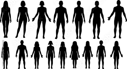 Human Body Silhouettes Set: Male and Female Figures Standing Front View - Generic Template Vector Illustration