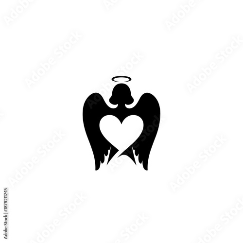 Black Angel Silhouette with Heart Symbol.