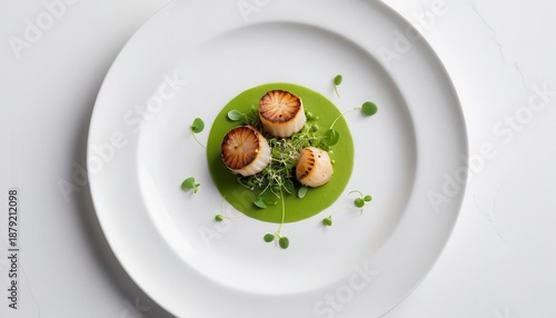 Elegant dish Seared scallops resting on vibrant green pea puree, minimalist style, exquisite seafood dining experience, fresh gourmet food, top view