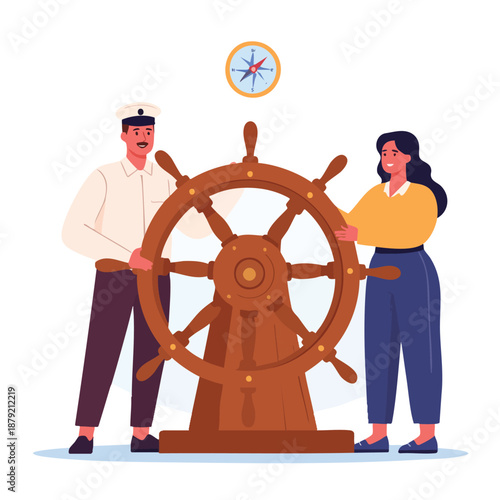 Ship Steering Wheel With Two Sailors Portrait.