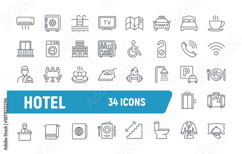 Hotel vector line icon set. Hospitality gym lobby service. Luxury hotel travel minimal outline icons