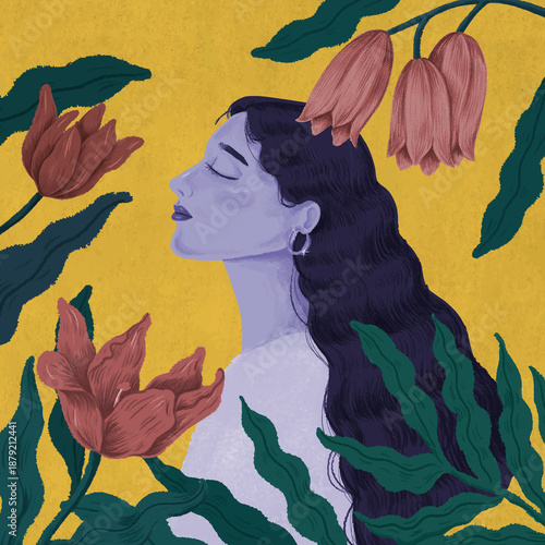 Beautiful purple woman surrounded by nature illustration