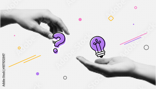 Idea creativity problem solution. Innovation concept question answer thinking brainstorming hands halftone background