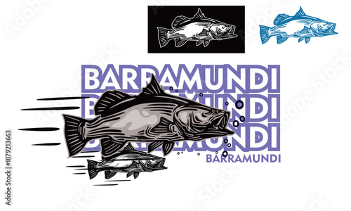 barramundi fish swimming logo, silhouette of great fish vector illustrations