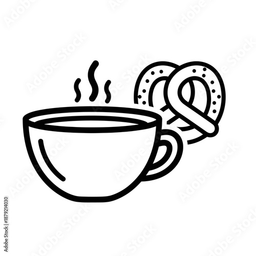 Steaming cup of coffee with pretzels.