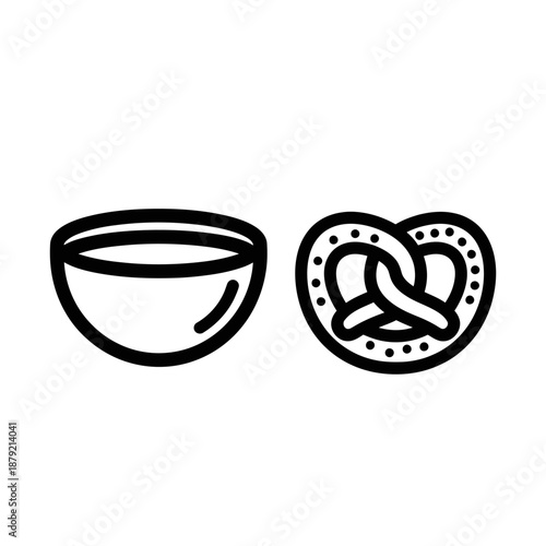 Simple black and white illustration of a bowl and pretzel.
