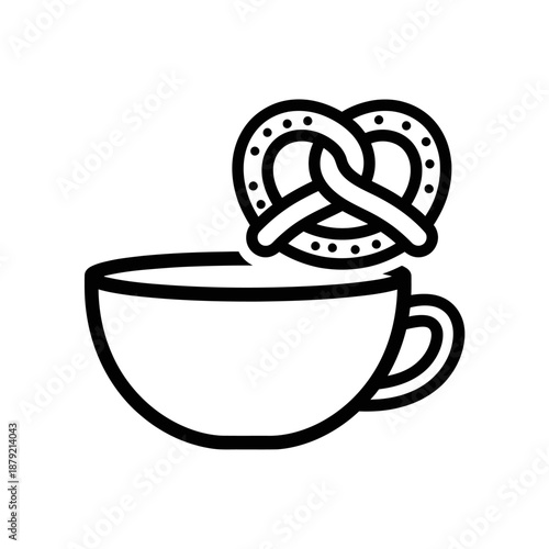 Simple line art illustration of a coffee cup with a pretzel on top.
