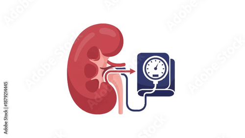 Illustration depicting a human kidney connected to a blood pressure monitor, highlighting the link between renal health and hypertension.