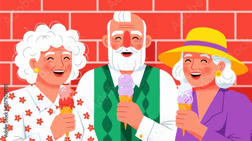 Happy Senior Couple and Woman Eating Ice Cream Cones Against Red Brick Wall, editable vector 