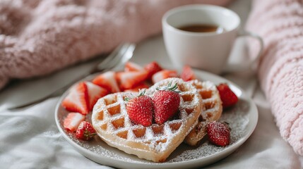 Heart shaped waffles with strawberries and coffee for Valentine's Day breakfast in cozy setting