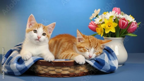 Two relaxed cats lounging in a wicker basket with a blue blanket and a bouquet of flowers on display.
