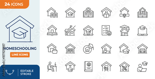 homeschooling line editable icon set. Contain icons related to homeschooling, remotely studying, online education, distance learning, and more. Editable stroke. Vector illustration