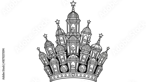 Elegant line art of islamic lanterns forming a crown shape for ramadan theme