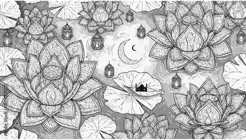 Elegant ramadan themed pattern featuring lotus flowers, mosque silhouette and moon