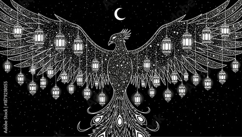 Enchanting phoenix adorned with lanterns under the crescent moon for Ramadan decoration
