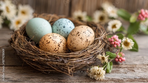 Pastel Easter eggs in a nest on a wooden table surrounded by spring flowers in natural light
