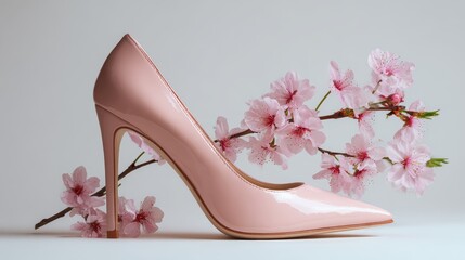 Elegant pink high heel pump with cherry blossom flowers in spring fashion still life on a simple background