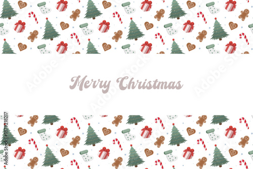 Christmas design with Merry Christmas text on white banner. Surrounded by festive pattern of trees, candy canes, gingerbread cookies, stockings, and gifts. Cheerful layout for seasonal cards and decor
